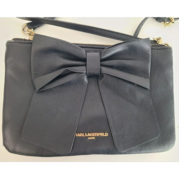 Karl Lagerfeld Black Leather‎ Crossbody Purse With Bow - Picture 3 of 11